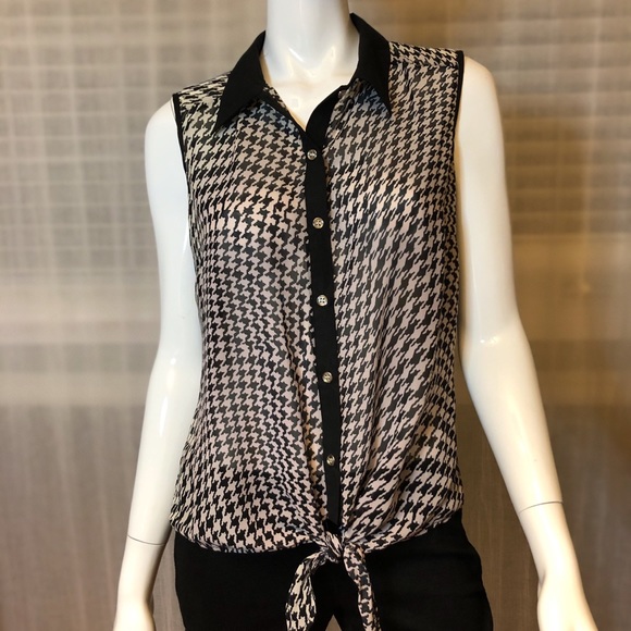 Unique Spectrum Tops - Chiffon Houndstooth Sleeveless Shirt Blouse